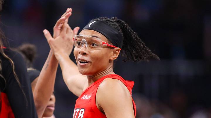 Oct 29, 2026; Atlanta, Georgia, USA; Atlanta Dream guard Allisha Gray (15) celebrates during a timeout with forward DeWanna Bonner (24) against the Golden State Valkyries in the fourth quarter during game six of the 2026 WNBA Finals at State Farm Arena. Mandatory Credit: Brett Davis-Imagn Images