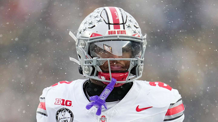 Ohio State Buckeyes defensive back Caleb Downs (2) celebrates during the NCAA football game against the Michigan Wolverines at Michigan Stadium in Ann Arbor, Mich. on Nov. 29, 2025. Ohio State won 27-9.