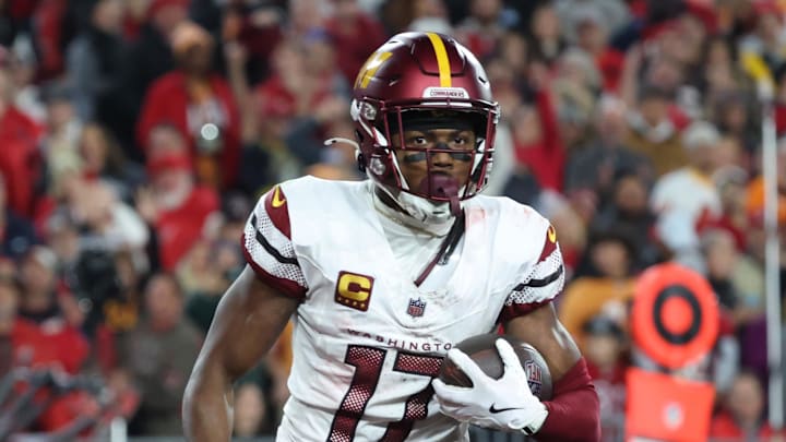 Washington Commanders wide receiver Terry McLaurin reacts after catching a touchdown against the Tampa Bay Buccaneers