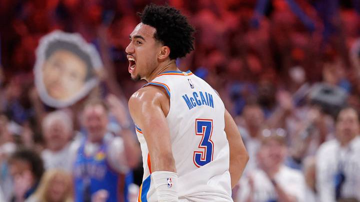 May 26, 2026; Oklahoma City, Oklahoma, USA; Oklahoma City Thunder guard Jared McCain (3) reacts after a basket during the third quarter against the San Antonio Spurs in game five of the western conference finals for the 2026 NBA playoffs at Paycom Center. Mandatory Credit: Alonzo Adams-Imagn Images May 26, 2026; Oklahoma City, Oklahoma, USA; Oklahoma City Thunder guard Jared McCain (3) reacts after a basket during the third quarter against the San Antonio Spurs in game five of the western conference finals for the 2026 NBA playoffs at Paycom Center. Mandatory Credit: Alonzo Adams-Imagn Images