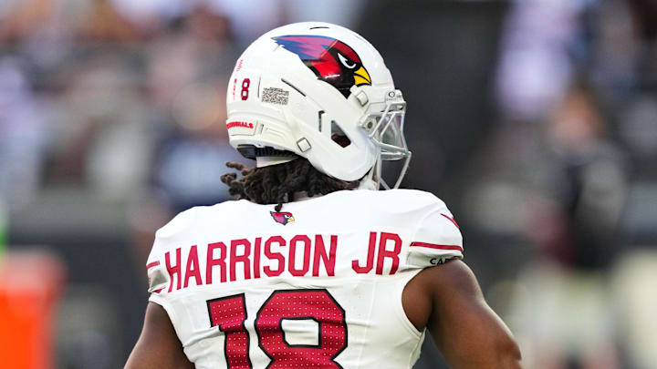 Dec 21, 2025; Glendale, Arizona, USA;  Arizona Cardinals wide receiver Marvin Harrison Jr. (18) on the field during warm ups prior to a game against the Atlanta Falcons at State Farm Stadium. Mandatory Credit: Joe Camporeale-Imagn Images