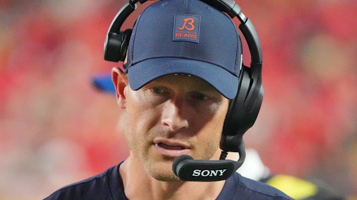 Aug 22, 2025; Kansas City, Missouri, USA; Chicago Bears head coach Ben Johnson on field against the Kansas City Chiefs during the second half of the game at GEHA Field at Arrowhead Stadium. Mandatory Credit: Denny Medley-Imagn Images