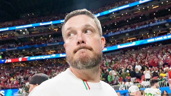 Oregon head coach Dan Lanning walks off the field after the Ducks’ loss as the Oregon Ducks face the Indiana Hoosiers in the Peach Bowl on Jan. 9, 2026, at Mercedes-Benz Stadium in Atlanta, Georgia. Oregon head coach Dan Lanning walks off the field after the Ducks’ loss as the Oregon Ducks face the Indiana Hoosiers in the Peach Bowl on Jan. 9, 2026, at Mercedes-Benz Stadium in Atlanta, Georgia.