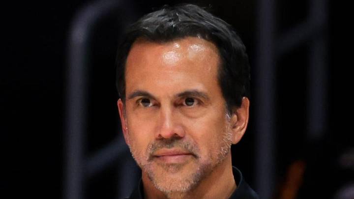 Mar 30, 2026; Miami, Florida, USA; Miami Heat head coach Erik Spoelstra looks on against the Philadelphia 76ers during the second quarter at Kaseya Center. Mandatory Credit: Sam Navarro-Imagn Images