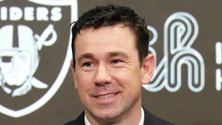 Feb 10, 2026; Las Vegas, NV, USA; Las Vegas Raiders coach Klint Kubiak speaks at introductory press conference at Intermountain Health Performance Center. Mandatory Credit: Kirby Lee-Imagn Images