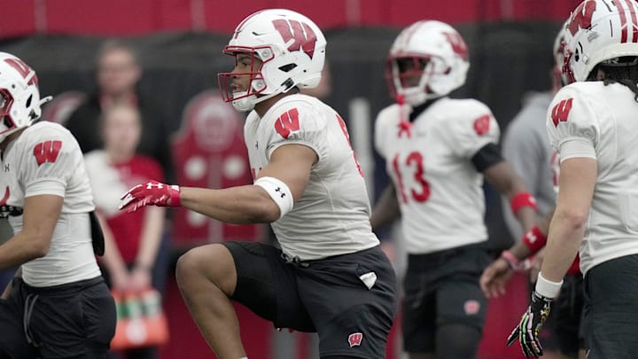 Wisconsin wide receiver Chris Brooks Jr. (84) is shown during spring football practice Thursday, April 3, 2025 in Madison, Wisconsin. Mark Hoffman/Milwaukee Journal Sentinel