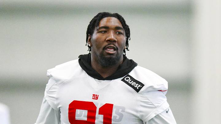 Jun 18, 2025; East Rutherford, NJ, USA; New York Giants defensive tackle Darius Alexander (91) participates in a drill during minicamp at Quest Diagnostics Training Center. Mandatory Credit: John Jones-Imagn Images