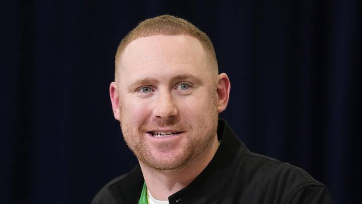 Feb 24, 2026; Indianapolis, IN, USA; Buffalo Bills coach Joe Brady speaks at the NFL Scouting Combine at the Indiana Convention Center. Mandatory Credit: Kirby Lee-Imagn Images