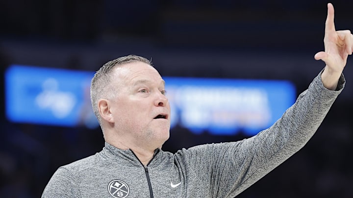 Mar 10, 2025; Oklahoma City, Oklahoma, USA; Denver Nuggets head coach Michael Malone gestures to his team during a play against the Oklahoma City Thunder during the second quarter at Paycom Center. Mandatory Credit: Alonzo Adams-Imagn Images Mar 10, 2025; Oklahoma City, Oklahoma, USA; Denver Nuggets head coach Michael Malone gestures to his team during a play against the Oklahoma City Thunder during the second quarter at Paycom Center. Mandatory Credit: Alonzo Adams-Imagn Images