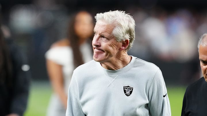 Sep 15, 2025; Paradise, Nevada, USA;  Las Vegas Raiders head coach Pete Carroll looks on after the game against the Los Angeles Chargers at Allegiant Stadium. Mandatory Credit: Stephen R. Sylvanie-Imagn Images