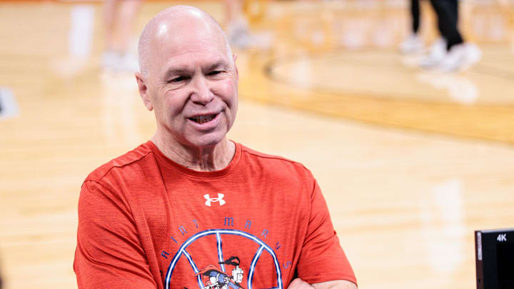 Mar 18, 2026; Oklahoma City, OK, USA; Saint Mary's Gaels head coach Randy Bennett speaks to reporters during a practice session ahead of the first round of the men's 2026 NCAA Tournament at Paycom Center. Mandatory Credit: William Purnell-Imagn Images