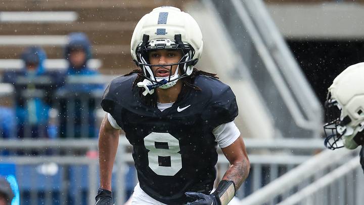 Apr 25, 2026; University Park, PA, USA; Penn State Nittany Lions wide receiver Karon Brookins (8) moves behind the line of scrimmage prior to the snap during the Penn State Blue-White Spring game at Beaver Stadium. Mandatory Credit: Matthew O'Haren-Imagn Images Apr 25, 2026; University Park, PA, USA; Penn State Nittany Lions wide receiver Karon Brookins (8) moves behind the line of scrimmage prior to the snap during the Penn State Blue-White Spring game at Beaver Stadium. Mandatory Credit: Matthew O'Haren-Imagn Images