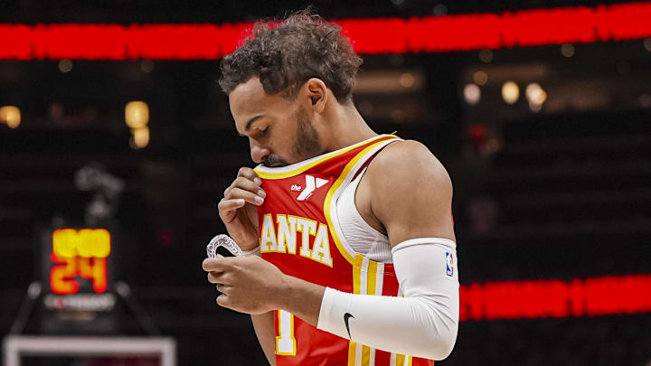 Oct 28, 2024; Atlanta, Georgia, USA; Atlanta Hawks guard Trae Young (11) shown on the court before the start of the game against the Washington Wizards at State Farm Arena. Mandatory Credit: Dale Zanine-Imagn Images Oct 28, 2024; Atlanta, Georgia, USA; Atlanta Hawks guard Trae Young (11) shown on the court before the start of the game against the Washington Wizards at State Farm Arena. Mandatory Credit: Dale Zanine-Imagn Images