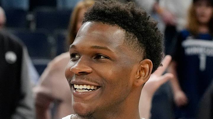 Apr 11, 2025; Minneapolis, Minnesota, USA; Minnesota Timberwolves guard Anthony Edwards (5) smiles after the game against the Brooklyn Nets at Target Center. Mandatory Credit: Bruce Kluckhohn-Imagn Images