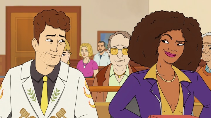 Strip Law S1. Adam Scott as Lincoln Gumb, ESQ. and Janelle James as Sheila Flambe in Strip Law S1. Cr. Courtesy of Netflix © 2026 Strip Law S1. Adam Scott as Lincoln Gumb, ESQ. and Janelle James as Sheila Flambe in Strip Law S1. Cr. Courtesy of Netflix © 2026