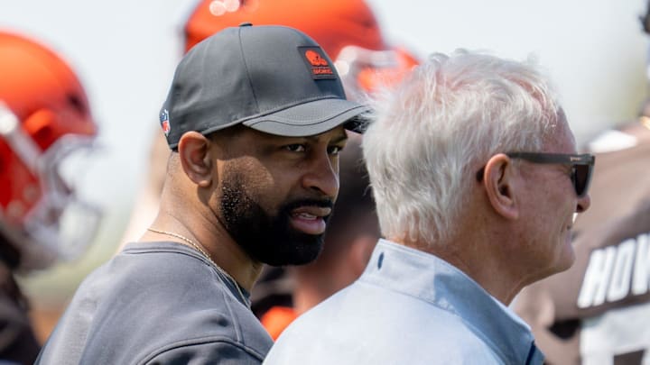 Andrew Berry, general manager, and Jimmy Haslam, owner, chat at the Browns mini camp in Berea on April 21, 2026.