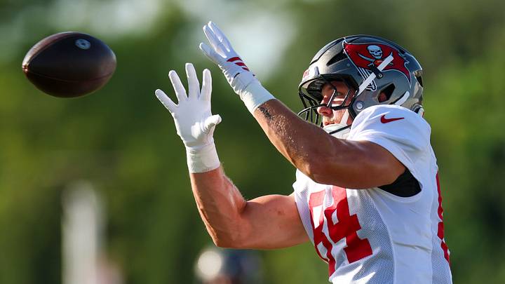 Tampa Bay Buccaneers tight end Bauer Sharp (84) participates in training camp at AdventHealth Training Center. Tampa Bay Buccaneers tight end Bauer Sharp (84) participates in training camp at AdventHealth Training Center.