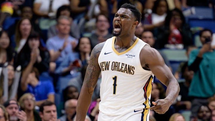 Mar 11, 2025; New Orleans, Louisiana, USA; New Orleans Pelicans forward Zion Williamson (1) reacts after a dunk against the Los Angeles Clippers during the fourth quarter at Smoothie King Center. Mar 11, 2025; New Orleans, Louisiana, USA; New Orleans Pelicans forward Zion Williamson (1) reacts after a dunk against the Los Angeles Clippers during the fourth quarter at Smoothie King Center.
