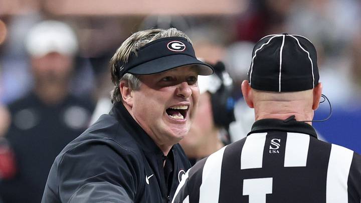 Jan 1, 2026; New Orleans, LA, USA; Georgia Bulldogs head coach Kirby Smart reacts after a play against the Mississippi Rebels in the third quarter during the 2026 Sugar Bowl and quarterfinal game of the College Football Playoff at Caesars Superdome. Mandatory Credit: Stephen Lew-Imagn Images