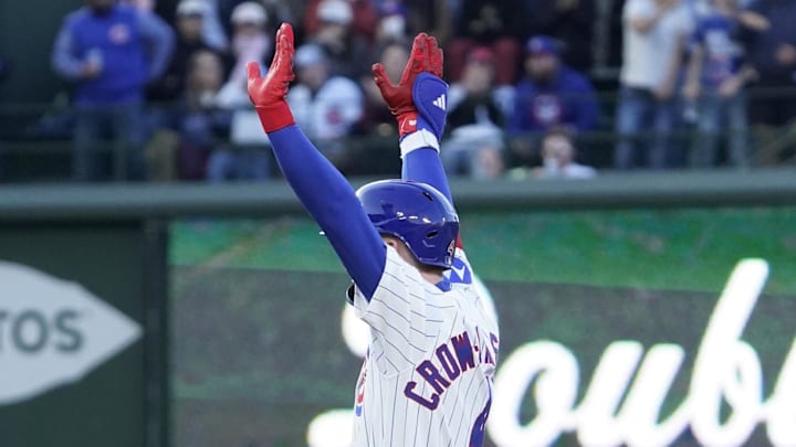 Apr 27, 2025; Chicago, Illinois, USA; Chicago Cubs outfielder Pete Crow-Armstrong (4) gestures after hitting a one run double against the Philadelphia Phillies during the second inning at Wrigley Field. Apr 27, 2025; Chicago, Illinois, USA; Chicago Cubs outfielder Pete Crow-Armstrong (4) gestures after hitting a one run double against the Philadelphia Phillies during the second inning at Wrigley Field.