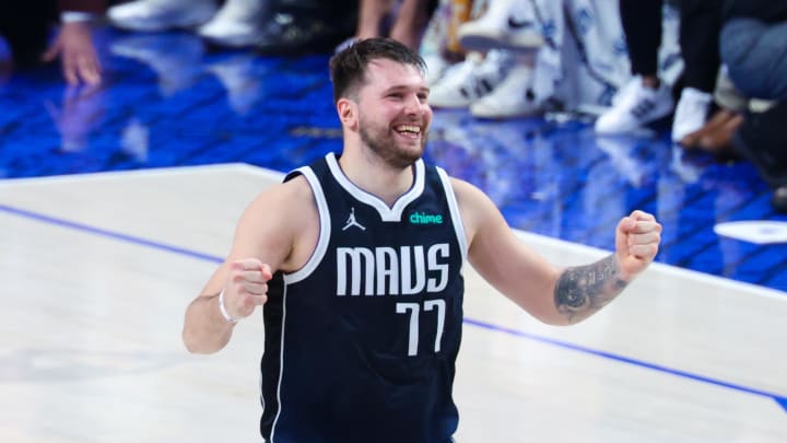 Jun 14, 2024; Dallas, Texas, USA; Dallas Mavericks guard Luka Doncic (77) reacts during the game against the Boston Celtics during game four of the 2024 NBA Finals at American Airlines Center. Mandatory Credit: Kevin Jairaj-USA TODAY Sports