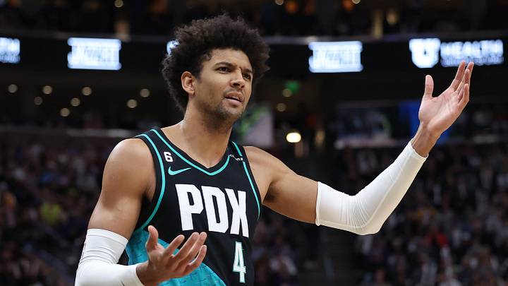 Mar 22, 2023; Salt Lake City, Utah, USA; Portland Trail Blazers guard Matisse Thybulle (4) reacts to a foul call against the Utah Jazz in the third quarter at Vivint Arena. Mandatory Credit: Rob Gray-Imagn Images