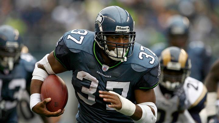 Oct 21, 2007; Seattle, WA, USA; Seattle Seahawks running back Shaun Alexander (37) rushes against the St. Louis Rams in the second quarter at Qwest Field. Oct 21, 2007; Seattle, WA, USA; Seattle Seahawks running back Shaun Alexander (37) rushes against the St. Louis Rams in the second quarter at Qwest Field.
