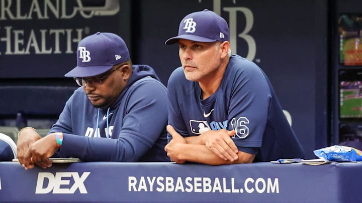 Apr 22, 2026; St. Petersburg, Florida, USA; Tampa Bay Rays manager Kevin Cash (16) during the eighth inning against the Cincinnati Reds at Tropicana Field. 