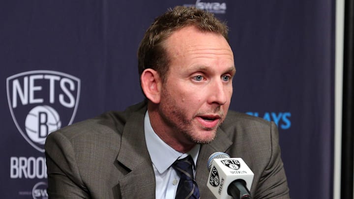 Feb 19, 2016; Brooklyn, NY, USA; Brooklyn Nets new general manager Sean Marks speaks to the media during a press conference before a game against the New York Knicks at Barclays Center. Mandatory Credit: Brad Penner-Imagn Images