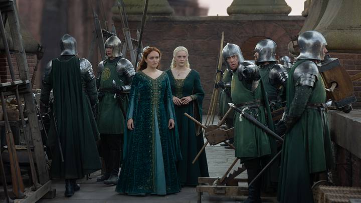 Olivia Cooke (Alicent Hightower) and Phia Saban (Helaena Targaryen) in House of the Dragon season 3.