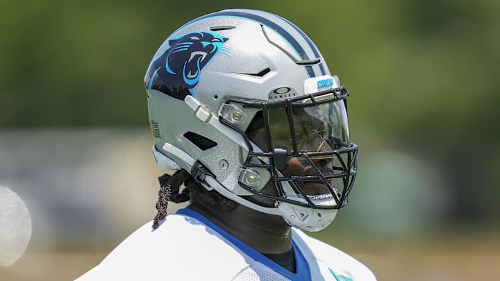 Jun 11, 2025; Charlotte, NC, USA; Carolina Panthers offensive tackle Ikem Ekwonu (79) during minicamp at Bank of America Stadium. Mandatory Credit: Jim Dedmon-Imagn Images