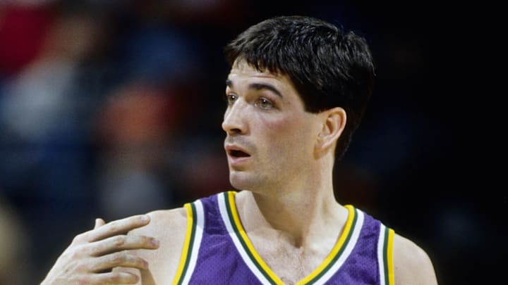 Mar 4, 1991; Orlando, FL, USA; FILE PHOTO; Utah Jazz guard John Stockton (12) in action against the Orlando Magic at the Orlando Arena. Mandatory Credit: Imagn Images