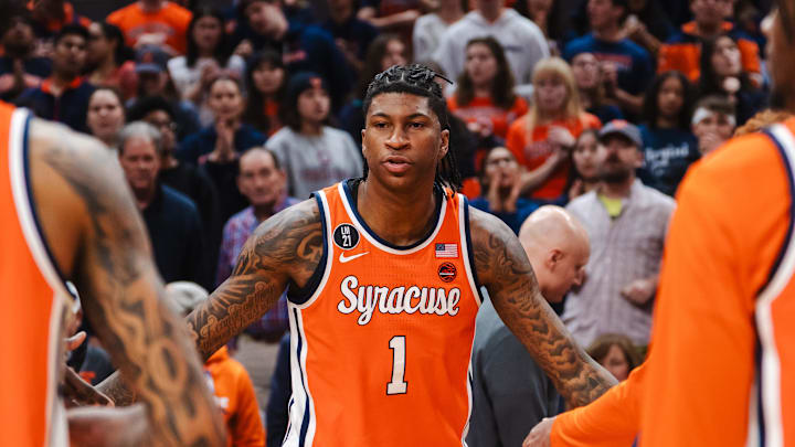 Feb 7, 2026; Charlottesville, Virginia, USA; Syracuse Orange forward Donnie Freeman (1) is announced in the starting lineup before the game against the Virginia Cavaliers at John Paul Jones Arena. Mandatory Credit: Emily Faith Morgan-Imagn Images