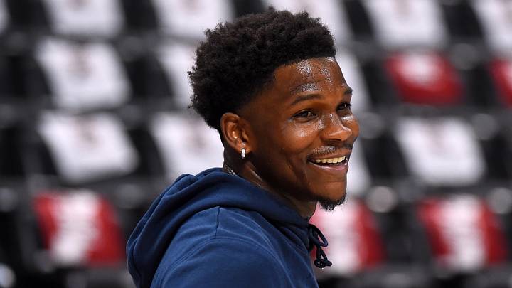 Apr 18, 2026; Denver, Colorado, USA; Minnesota Timberwolves guard Anthony Edwards (5) warms up before the game against the Denver Nuggets during game one of the first round of the 2026 NBA Playoffs at Ball Arena. Mandatory Credit: Christopher Hanewinckel-Imagn Images