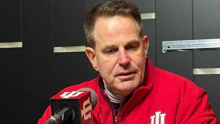 Indiana football coach Curt Cignetti speaks to reporters Nov. 28, 2025, after defeating Purdue, 56-3, at Ross-Ade Stadium.