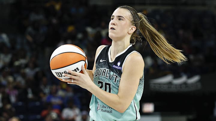 Sep 11, 2025; Chicago, Illinois, USA; New York Liberty guard Sabrina Ionescu (20) looks to shoot against the Chicago Sky during the first half at Wintrust Arena. Mandatory Credit: Kamil Krzaczynski-Imagn Images