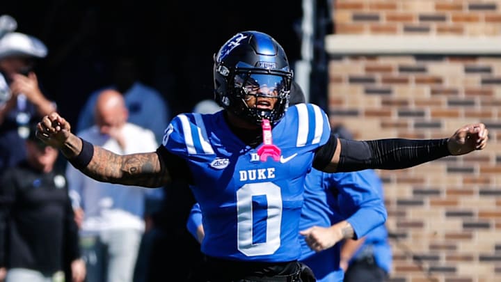 Oct 18, 2025; Durham, North Carolina, USA; Duke Blue Devils tight end Chandler Rivers (0) runs out before the first half of the game against Georgia Tech Yellow Jackets at Wallace Wade Stadium. Mandatory Credit: Jaylynn Nash-Imagn Images