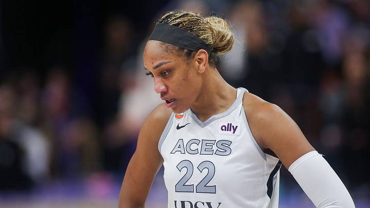 A'ja Wilson 22 of the Las Vegas Aces looks on during a game. A'ja Wilson 22 of the Las Vegas Aces looks on during a game.
