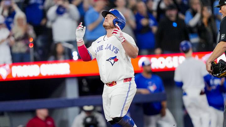 Mar 28, 2026; Toronto, Ontario, CAN; Toronto Blue Jays catcher Alejandro Kirk (30) celebrates hitting a home run against the Athletics during the ninth inning at Rogers Centre. Mandatory Credit: Kevin Sousa-Imagn Images