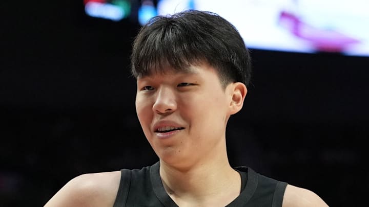 Portland Trail Blazers center Yang Hansen reacts to a call during the first half against the Memphis Grizzlies.