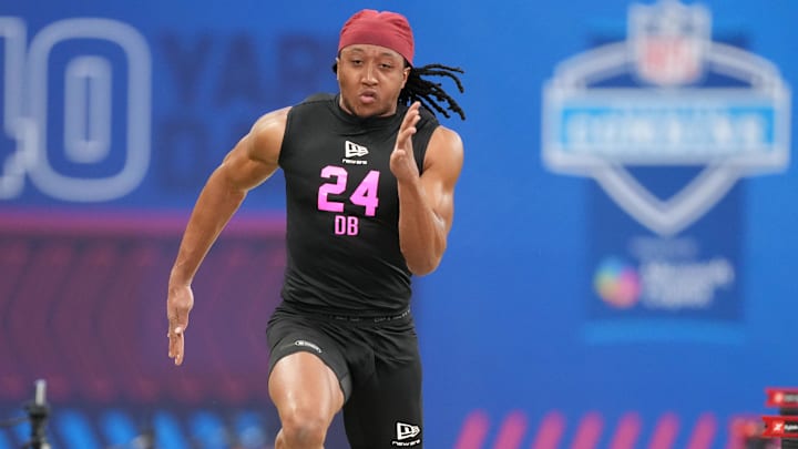 Arkansas defensive back Julian Neal (DB24) during the NFL Scouting Combine at Lucas Oil Stadium.