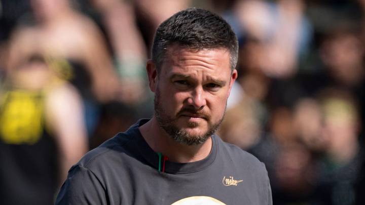 Oregon Ducks head coach Dan Lanning walks the field before the game as the Oregon Ducks host the Oregon State Beavers Sept. 20, 2025, at Autzen Stadium in Eugene, Oregon.