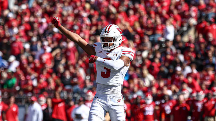 Oct 12, 2024; Piscataway, New Jersey, USA; Wisconsin Badgers cornerback Nyzier Fourqurean (3) celebrates after a defense stop during the first half against the Rutgers Scarlet Knights at SHI Stadium.