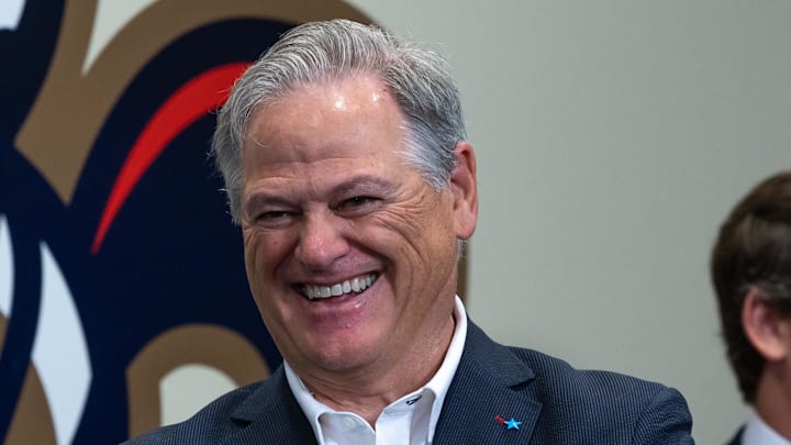 Mar 11, 2023; Metairie, LA, USA;  New Orleans Saints general manager Mickey Loomis laughs at Ochsner Sports Performance Center. Mandatory Credit: Stephen Lew-Imagn Images