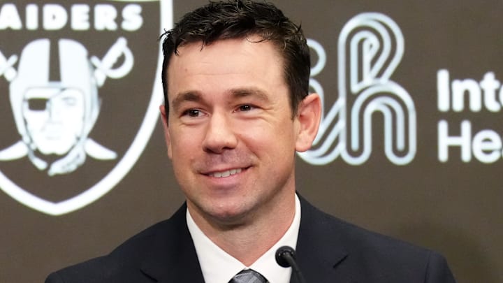 Feb 10, 2026; Henderson, NV, USA; Las Vegas Raiders coach Klint Kubiak speaks at introductory press conference at Intermountain Health Performance Center. Mandatory Credit: Kirby Lee-Imagn Images