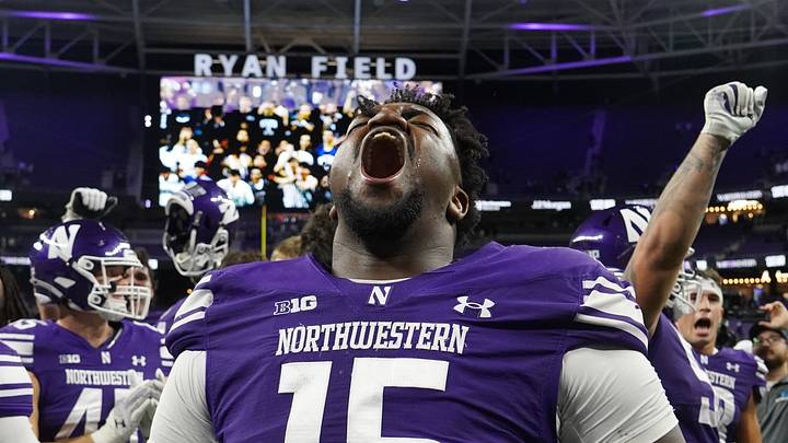 Oct 2, 2026; Evanston, Illinois, USA; Northwestern Wildcats defensive lineman Brendan Flakes (15) celebrates the Cats win against the Penn State Nittany Lions at New Ryan Field. Oct 2, 2026; Evanston, Illinois, USA; Northwestern Wildcats defensive lineman Brendan Flakes (15) celebrates the Cats win against the Penn State Nittany Lions at New Ryan Field.