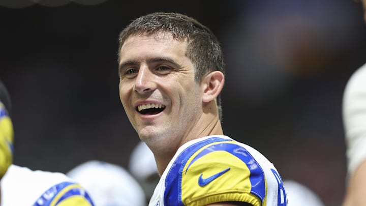 Aug 24, 2024; Houston, Texas, USA; Los Angeles Rams quarterback Stetson Bennett (13) on the sideline during the first quarter against the Houston Texans at NRG Stadium. Mandatory Credit: Troy Taormina-Imagn Images