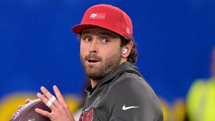 Nov 23, 2025; Inglewood, California, USA; Tampa Bay Buccaneers quarterback Baker Mayfield (6) warms up prior to the game against the Los Angeles Rams at SoFi Stadium. Mandatory Credit: Jayne Kamin-Oncea-Imagn Images