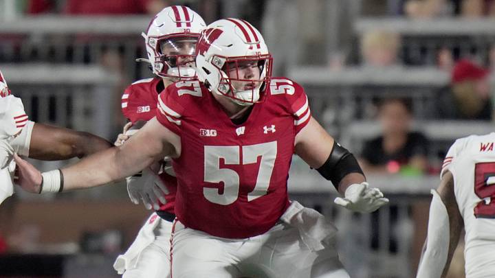 Wisconsin offensive lineman Jake Renfro (57) provides pass protection during the second quarter of their game against Miami (Ohio) Thursday, August 28, 2025 at Camp Randall Stadium in Madison, Wisconsin. Wisconsin offensive lineman Jake Renfro (57) provides pass protection during the second quarter of their game against Miami (Ohio) Thursday, August 28, 2025 at Camp Randall Stadium in Madison, Wisconsin.