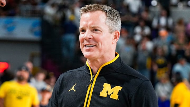 Michigan coach Dusty May at the Fort Myers Tip-Off at Suncoast Credit Union Arena. Michigan coach Dusty May at the Fort Myers Tip-Off at Suncoast Credit Union Arena.